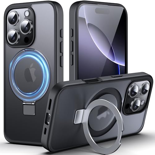 Coque iPhone 16 Pro antichoc fine compatible MagSafe noir mat avec support