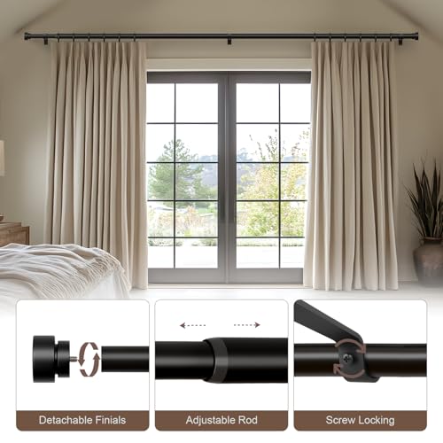 Lootkell Black Curtain Rods for Windows 48 to 84 Inches Adjustable Heavy Duty 1 Diameter Window Curtain Rod with Decorative Finials for Outdoor Farmhouse Bedroom Kitchen Living Room