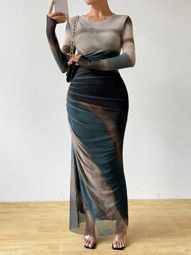 Image of LIGHT DOT Women's Printed Bodycon Maxi Dress Long Sleeve Tie Dye Mesh Ruched Cocktail Dress