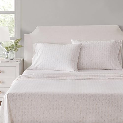 Image of Martha Stewart - Twin Size Sheets Set, Crisp & Tailored Cooling Sheets w /a Naturally Smooth Cotton Percale Lightweight Feel - Bed Sheets with Matching Pillowcase & Fitted Sheet (Ditsy Vine Pink)