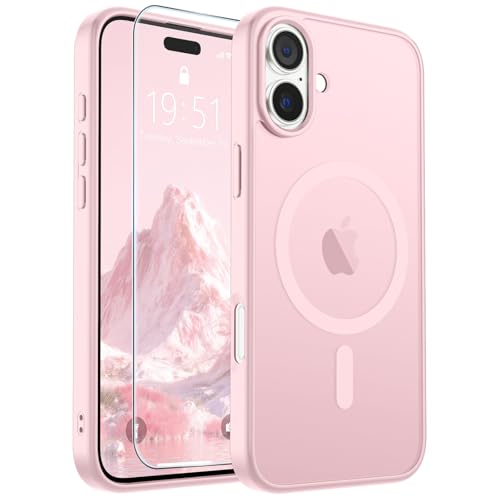 Image of SUPFINE Magnetic for iPhone 16 Plus Case with Screen Protector (Compatible with MagSafe) (Military Grade Drop Protection) Translucent Matte Shockproof Phone Cover,Light Pink