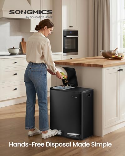 Image of SONGMICS Trash Can, Double Compartment Garbage Can, Stainless Steel | 2 X 8 Gallon (2 x 30 L) for Recycling, with 15 Liner Bags, Soft-Close Lids, Removable Buckets, Black ULTB160BZ01