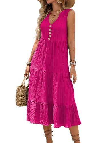 Image of HELYO Women's Casual Summer Dress 2026 Sleeveless V Neck Button Beach Sundress Tiered Ruffle Flows Skirt Midi Dresses