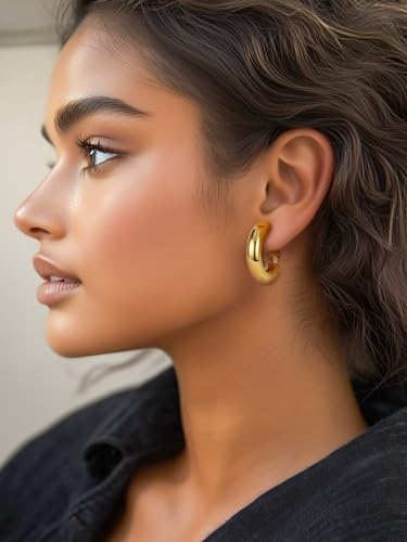 Image of Stainless Steel Chunky Hoop Earrings For Women, Minimalist and Chic, Black /Gold Plated, Round Hoops Earrings Hypoallergenic, Size: 30mm /40mm /60mm /80mm, Come with Box