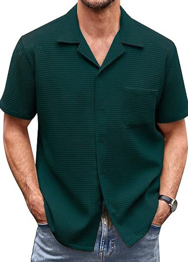 Image of Casual Waffle Knit Shirt for Men Stylish Half Sleeve Mens Shirts M to 3XL