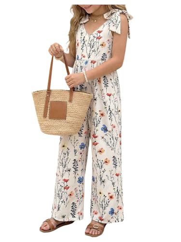 Floerns Girls Floral Tie Shoulder Summer Jumpsuit Smocked Wide Leg Pants Rompers One Piece Outfits Apricot 12Y