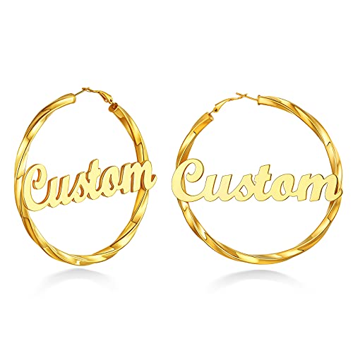 Custom4U Bamboo Hoop Earrings for Women Gold/Silver/Black Large Name Earrings Personalized - Hypoallergenic Lightweight Big Thick Hoops 30/40/50/60/70/80mm - Custom Made Birthday Christmas G