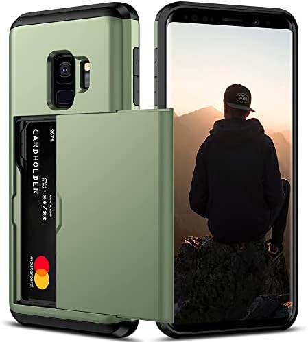 Nvollnoe for Samsung S9 Case with Card Holder 5.8 inch Dual Layer Heavy Duty Protective Galaxy S9 Case Hidden Card Slot Slim Wallet Case for Samsung S9 for Women&Men(Green)