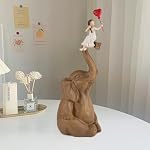 Elephant Statue Home Decor - Girl with Love Balloon Sitting on Elephant Figurine, Hand Heart Sculpture (Brown) - Image 4