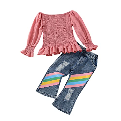 Crianças bebês meninas outono inverno algodão manga longa babado tops fora do ombro arco-íris conjun