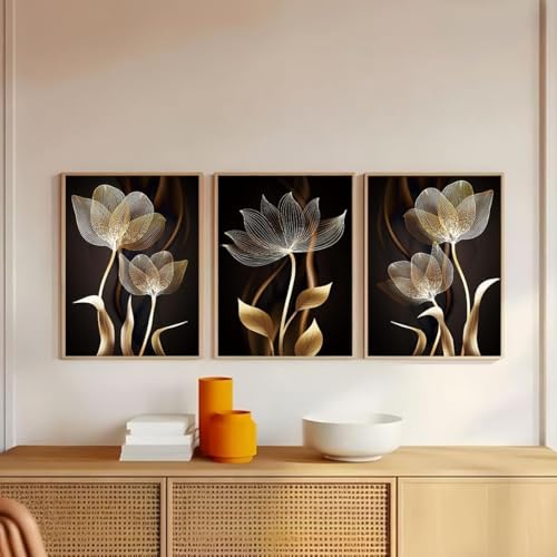 Peinture sur toile fleurs noir et or haute définition art mural GLWDMH