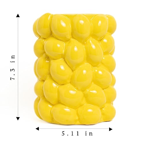 BIEN BEAU Lemon Vase -7 Inch Tall Yellow Ceramic Mediterranean Style Tabletop Vase Holder with 3D Lemon Design- Lemon Kitchen Decor Inspire - Lemon Themed Gifts