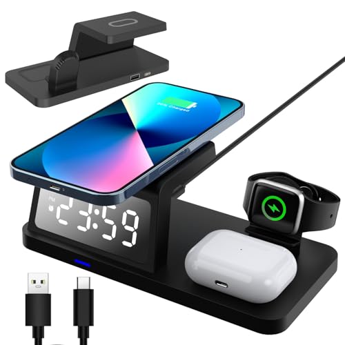 Ouitble Chargeur sans Fil Station de Charge Inductive 3 en 1, Réveil pour Téléphones Mobiles, Montres Intelligentes, écouteurs, Chargeur sans Fil...