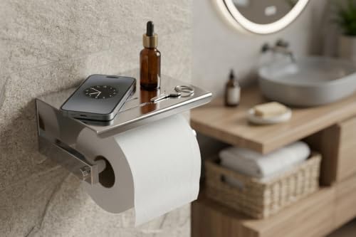 Image of Premium Stainless Steel Toilet Paper Holder with Mobile Phone Storage Shelf | Wall-Mounted Bathroom Tissue Roll Dispenser with Decor Tray | Chrome Finish Rustproof Organizer (Square CH44)