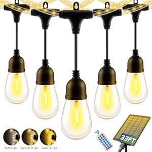 33FT Solar String Lights Outdoor Waterproof with USB Port & Remote Control Solar Patio Lights Long Last for 20+Hrs Dimmable Solar Power LED Shatterproof Bulbs solar lights for Camping Backyard Garden