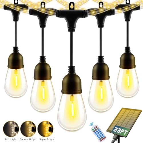33FT Solar String Lights Outdoor Waterproof with USB Port & Remote Control Solar Patio Lights Long Last for 20+Hrs Dimmable Solar Power LED Shatterproof Bulbs solar lights for Camping Backyard Garden