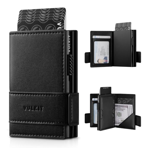 VULKIT Card Holder Bifold Pop Up Leather Wallet for Men RFID Blocking Metal Card Case, Holds 9 Cards and Banknotes Black