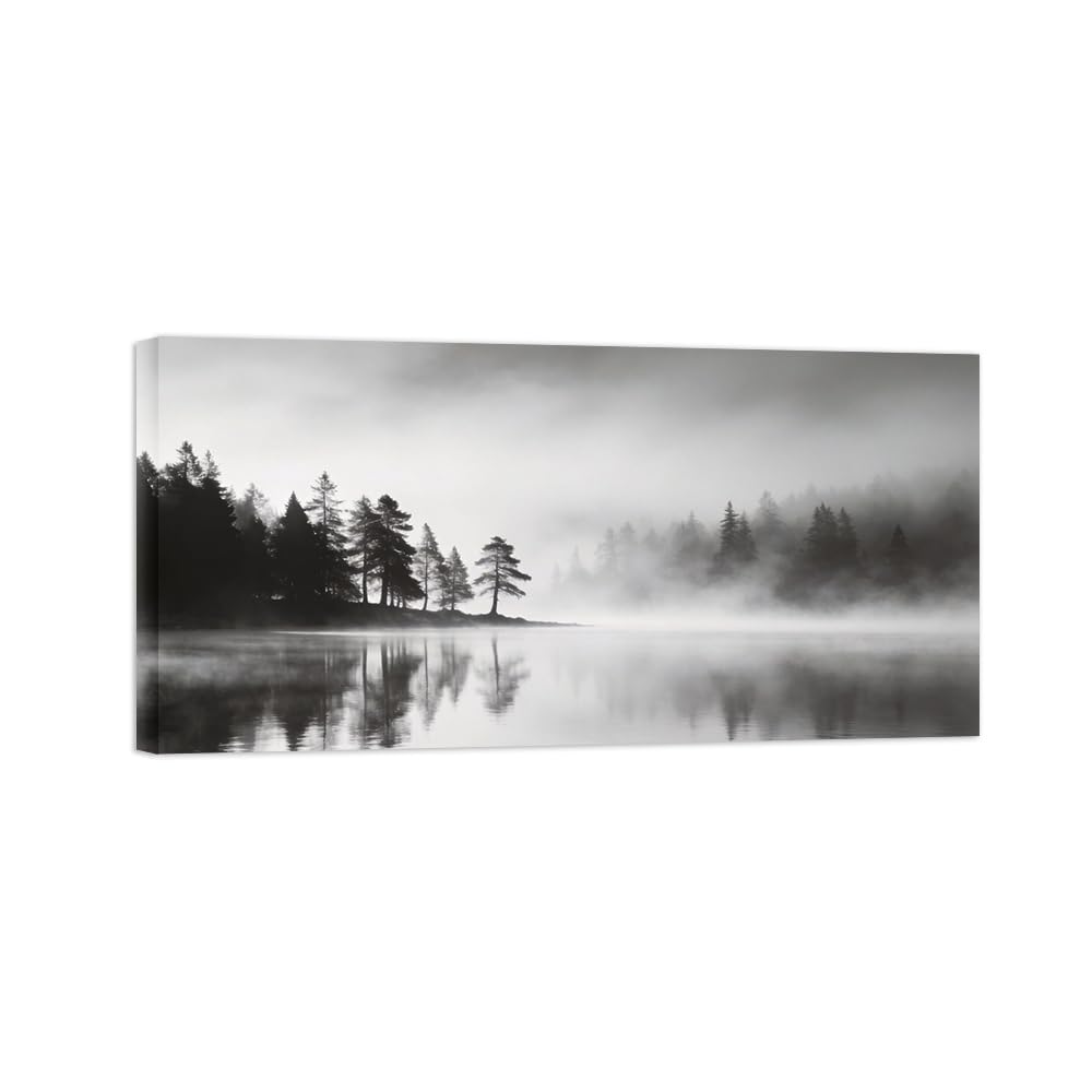 OZPWBVY Black and White Landscape Print Painting-Tree Lake-Minimalist Canvas Wall Art Picture for Home Ready to Hang 8x16in 20x40cm Wrapped Canvas