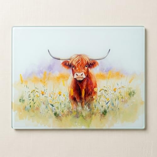Large Highland Cow Tempered Glass Chopping Board - Non-Slip Kitchen Worktop Saver - Stylish 37cm x 27cm Kitchen Protector
