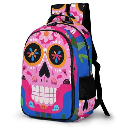 Backpack for Travel, Sugar Skull Flower Print Modern Backpack Shoulder Bag with Adjustable Straps, Side Pockets & Reinforced Bottom