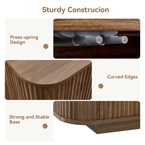 64" Sideboard Buffet Cabinet with Storage, Modern Fluted Accent Credenza with Adjustable Shelves, Wood Media Console Coffee Bar Table for Living Room Kitchen Dining Room, 31.5" H, Walnut - Image 6