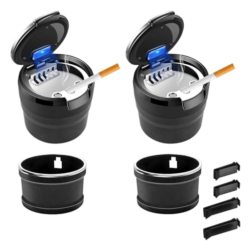 Image of 2 PCS Car Ashtray with Lid, Detachable Auto Smokeless Ash Tray with LED Blue Light, Portable Ashtray for Vehicle Cup Holder and Air Vent Home Office, Car Accessories (Black & Silver)