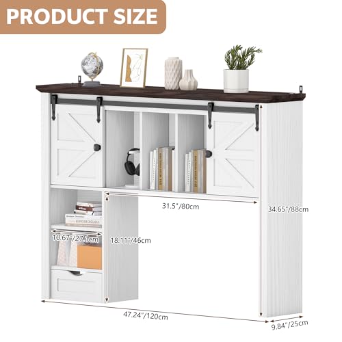 Image of Large Desktop Bookshelf with Sliding Barn Door, 47.2''W Desk Shelf Display Rack, Desktop Organizer Storage Rack with 7 Cubbies and Drawer, Home, Desk Shelf for Office, Dorm, Vanity, White