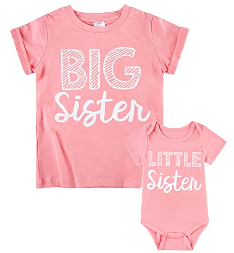 Image of Funnycokid Big Sister Little Sister Matching Outfits Newborn Baby Girls Clothes Girl T-Shirt Set Gift Mauve Kid (3T)/Baby (0-3M)