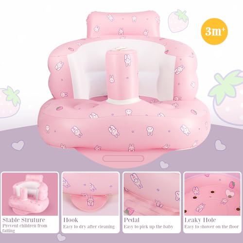 AirSwim Chaise gonflable pour bébé de 3 mois et plus, chaise gonflable d'été avec pompe à air intégrée, canapé de sol pour bébé pour apprendre à s'asseoir, palying, camping, fraise – Image 3