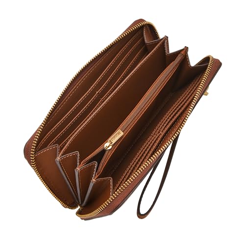 Image of Fossil Women's Wallet, Lennox Leather Zip Around Clutch Wallet for Women, Medium Brown