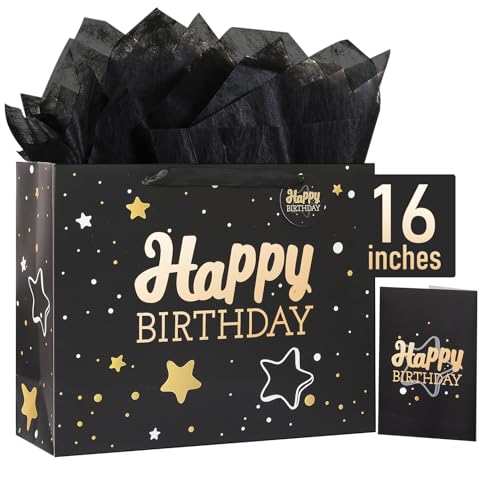 Image of 16 inch Black Happy Birthday Gift Bag with Tissue Paper and Greeting Card for Party,Happy Birthday Gift Bag for Men Women,Gift Bags Extra Large(1 PCS Black Hot Stamping)