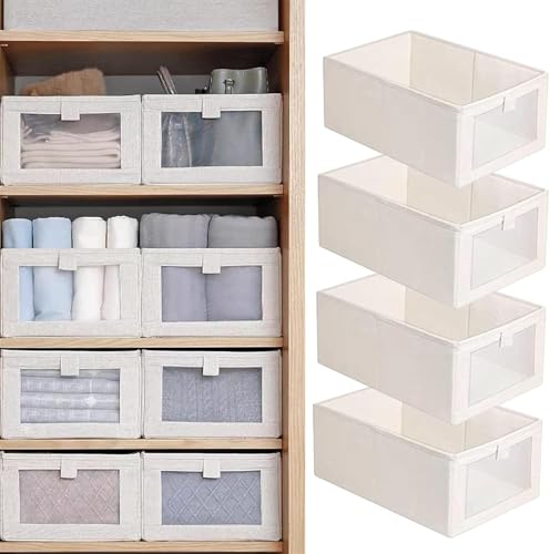 Cotton Clothes Storage Box Foldable Wardrobe Organizer with Visible Drawer Washable Closet Storage Basket for Jeans T-Shirts Pants Sweaters Clothing & Books Cloth Organiser (White)