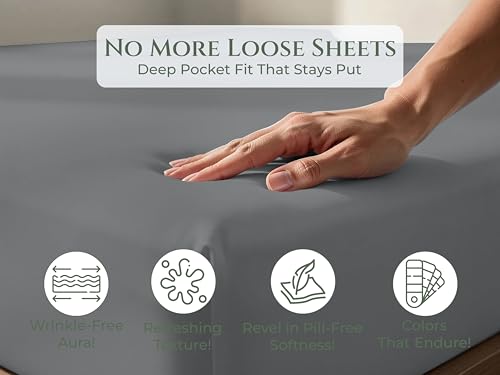 Image of Royale Linens 100% Organic Cotton Queen Fitted Sheet Only - Percale Weave - Super Soft Deep Pocket Bottom Sheets - Grey Elastic Sheet - Queen Size Fitted Sheets Only - (60 inchx80 inch+15 inch, Grey)