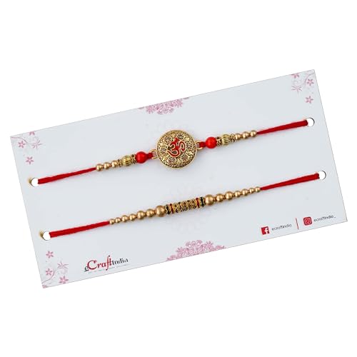 Image of eCraftIndia Set of 2 Om Symbol, Pearl Diamond Beads Designer Rakhis for Brothers with Best Bro Ever Fridge Magnet and Roli Chawal Pack