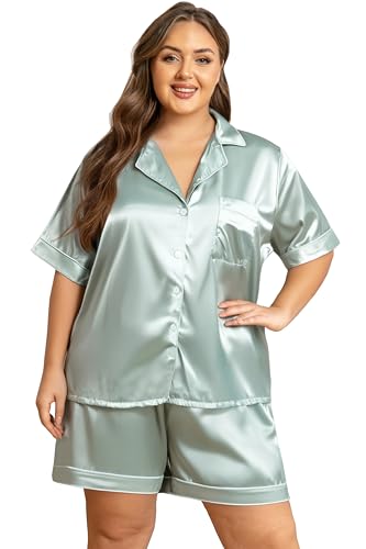 Image of Vozanet Women's Short Sleeve Satin Pajama Sets Silky Ladies Button Down Loungewear Plus Size Nighty Shorts Sets XL to 5XL