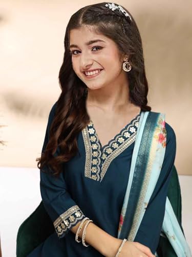 Image of Girls A-line Silk Embroidered Kurta and Pant Set with Dupatta for festive wedding and casual wear