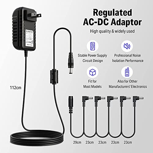 Donner Dpa-1 Pedal Power Supply Charging Adapter 9V Dc 1A Tip Negative 5 Way Daisy Chain Cables For Effect Pedal (Black)