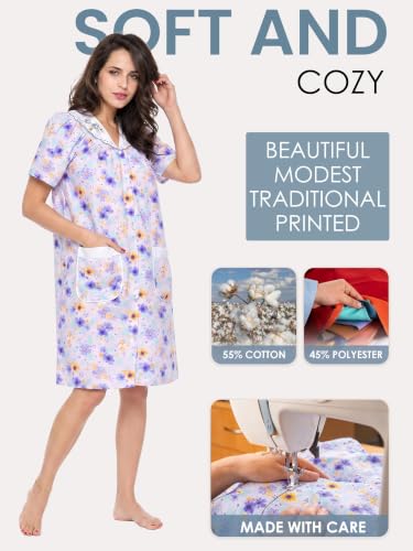 Image of Casual Nights Women's Snap - Front House Dress Short Sleeve Woven Housecoat Duster Lounger Robe with Pockets