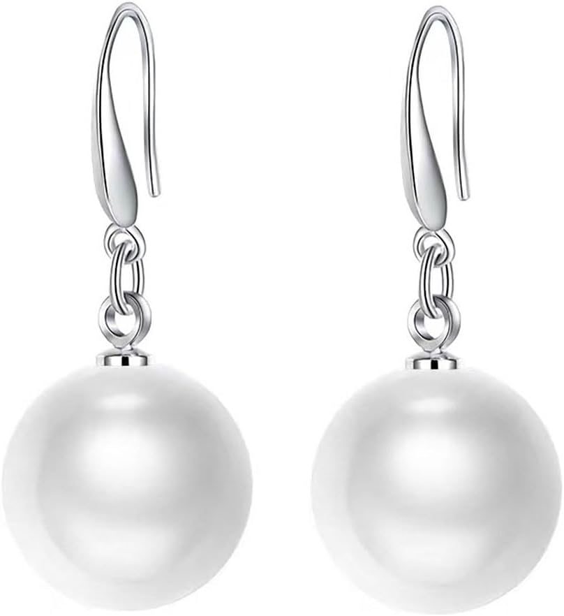 8mm White Pearl Drop Earrings, Silver Tone Fish Hook Jewelry for Women