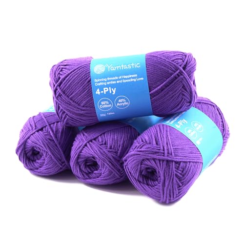 Yarntastic 50g x 4 Balls in a Pack, 4 Ply Yarn, 16 Wraps per inch (About 2.5cm), 60% Cotton 40% Acrylic Blended