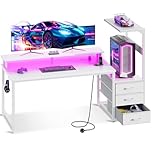 Coleshome 150×50 cm Gaming Desk with LED Lights & Power Outlet, Reversible Computer Desk with Drawers, Gaming Table with Storage & Monitor Stand, Carbon Fiber White