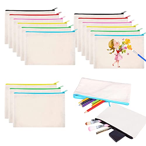 Allazone 15 Stück Blanko Stoffbeutel, Reise Kulturbeutel, DIY Stoffbeutel zum Bemalen, Federmappchen Kinder, Kosmetiktaschen mit Reißverschluss, 21x12cm Cover