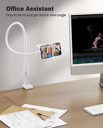 Image of SAIJI Gooseneck Cell Phone Holder, Clamp Universal Lazy Mount Clip Hands Free Flexible Long Arm Bracket Grip for 4.0-6.3 Phones Mobile Stand Baby Monitor for Desk, Bed, Office, Kitchen (White)