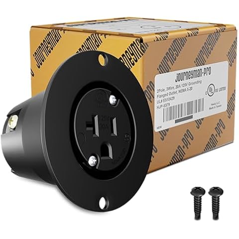 Journeyman-Pro HJP-5379 20 AMP 110,120-125 Volt, NEMA 5-20R Flanged Outlet, Black Commercial Grade, 2 Pole-3 Wire, Straight Blade Plug EV Charger Receptacle Socket (No Covers) Cover