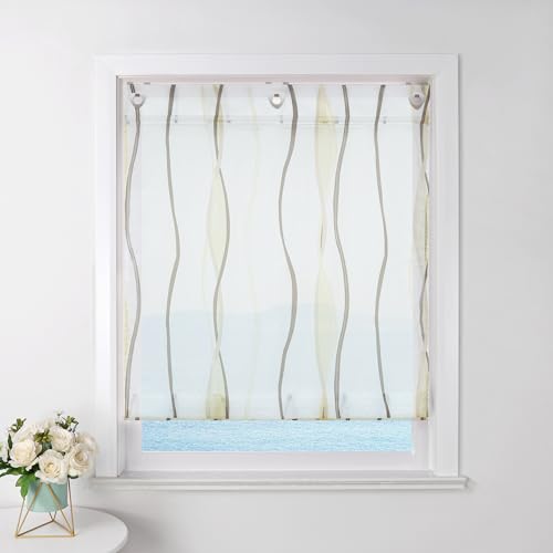 ESLIR Roman Blind with Eyelets Kitchen Roman Curtains Transparent Eyelet Roller Blind Curtains with Wave Print Modern Voile Sand W x H 100 x 140 cm 1 Piece