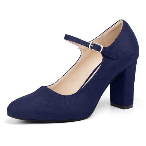 IDIFU IN4 Women's Pumps Mary Jane Dress Shoes for Women Closed Toe High Chunky Block Heels Dressy Wedding Bride Prom Graduation Business Heels Comfortable Formal Vintage Round Toe Pumps Shoes