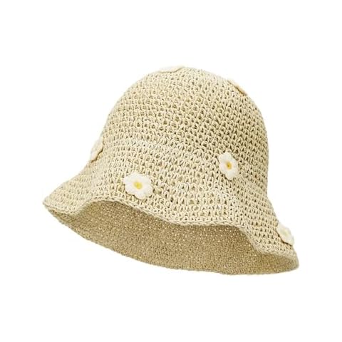 Gllutt Women Straw Sun Hat Foldable Beach Hat Wide Brim Floppy Bucket Hat with Small Flower (Beige-White Flower) Cover