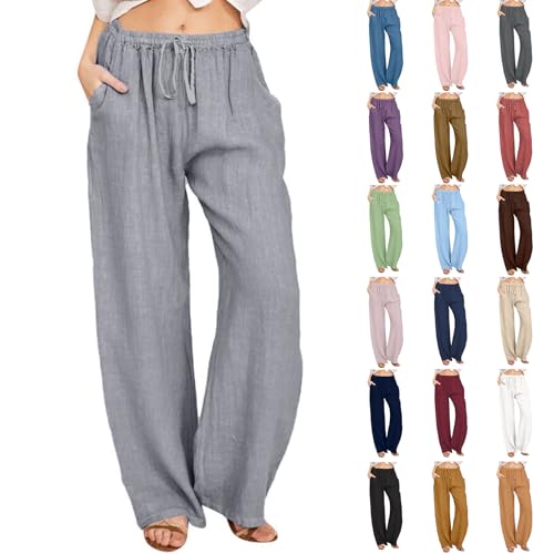 Wide Leg Linen Pants Women Summer Casual High Waisted Drawstring Pants with Pockets Loose Lightweight Lounge Trousers