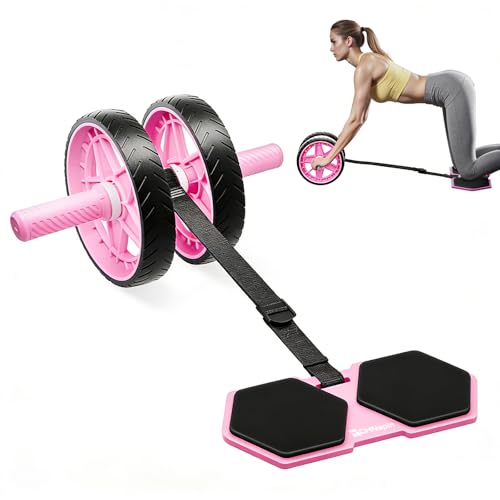 CHNApin Double-Wheel Ab Roller for Core Training – Rebound Design with Adjustable Elastic Band, Silent Non-Slip Wheels, Detachable Build, Knee Pad & Bands – Home Gym Gear for Men/Women (Pink)