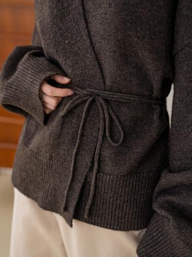 Image of WDIRARA Women's Wrap Long Sleeve Tie Front Cardigan | V Neck, Belted Sweater, Casual, Long Sleeve, Tie Waist, Knit Top